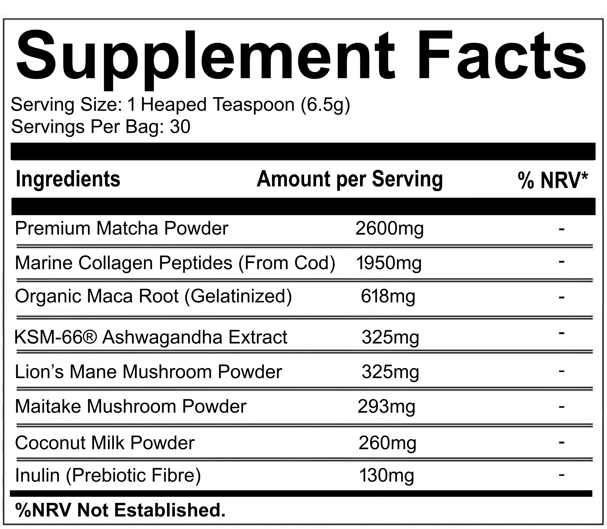 Supplement facts label with various ingredients and their amounts per serving.